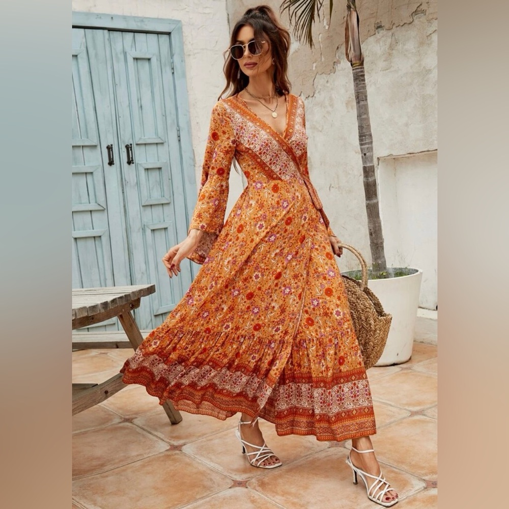 SHEIN LUNE Floral Print Bell Sleeve Tie Front Wrap Dress